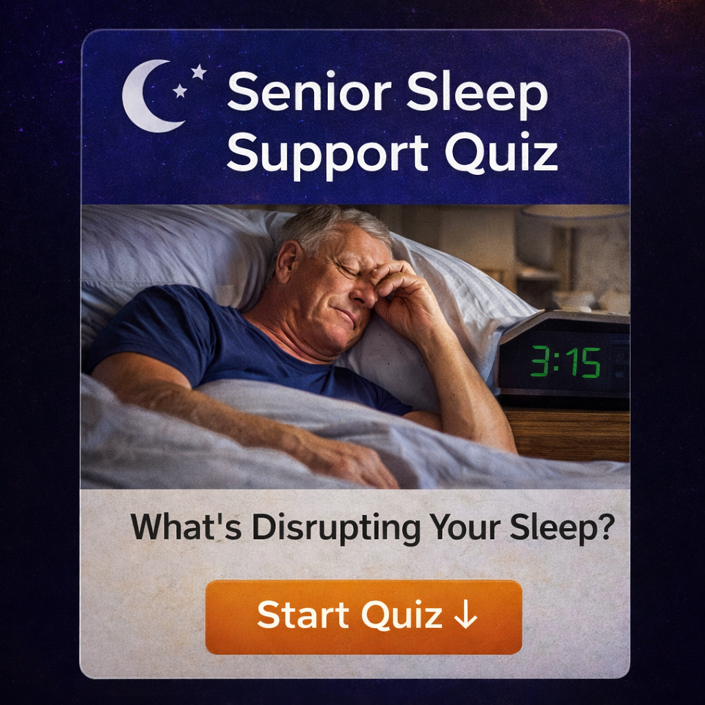 Senior Sleep Support Quiz card showing a self-check tool for sleep disruptions