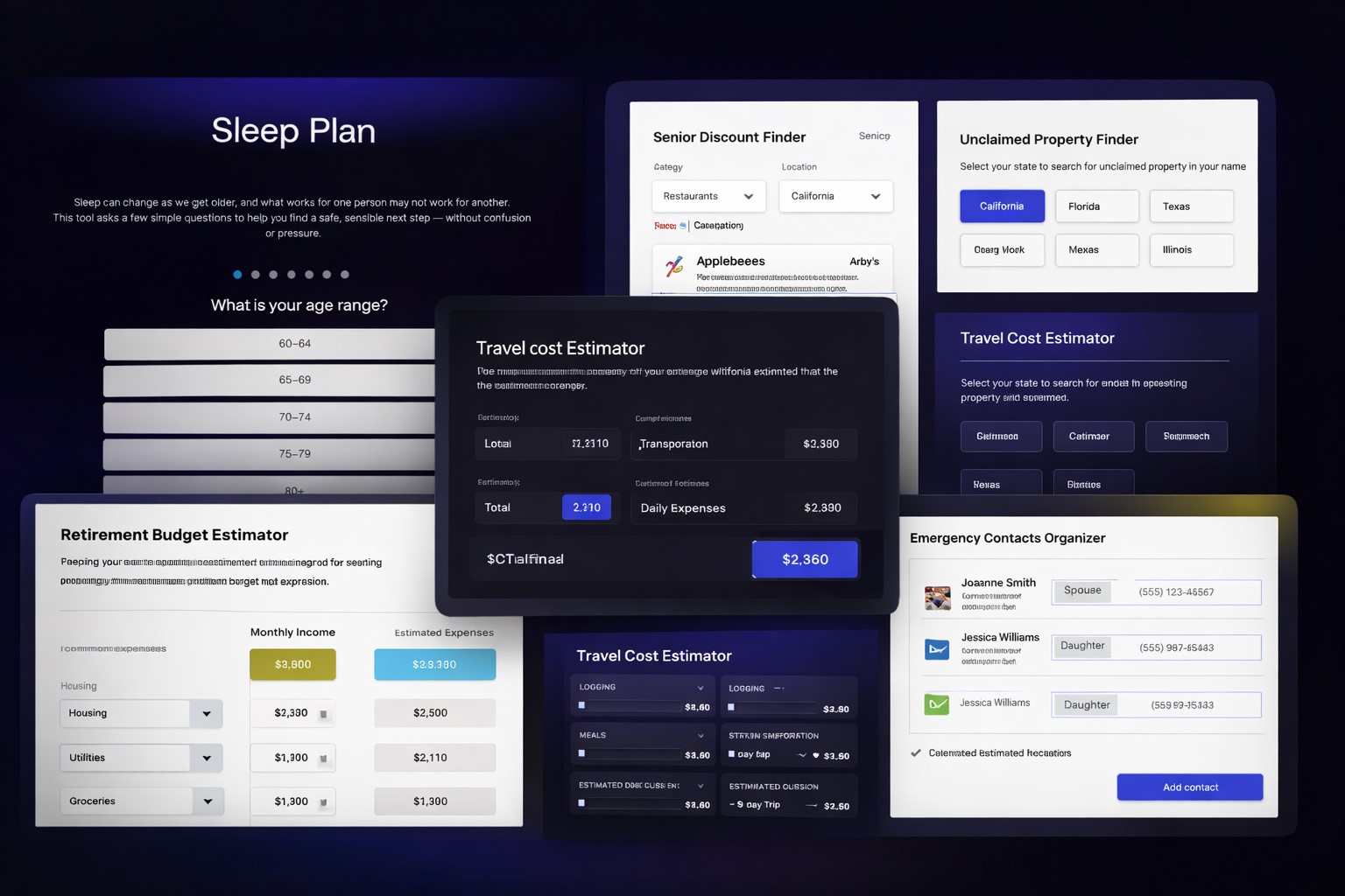 Collage of easy-to-use online tools designed for adults 60 and over, including sleep planning, budgeting, travel, and organization tools