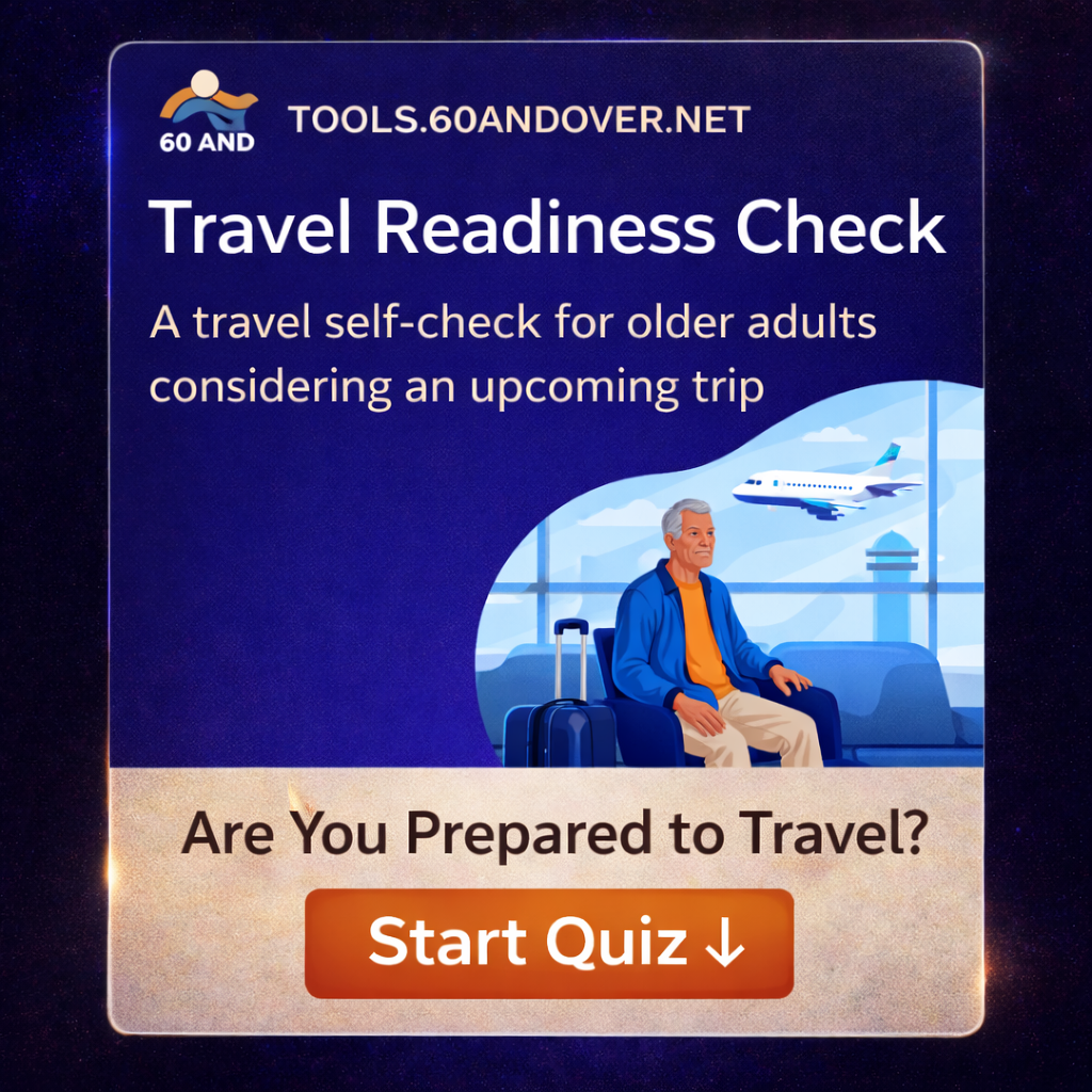 Travel Readiness Check Quiz card for seniors preparing for an upcoming trip