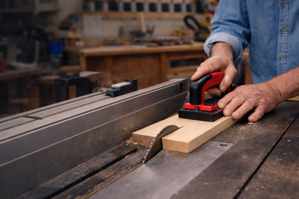 Senior woodworker using a push block to keep hands away from a table saw blade