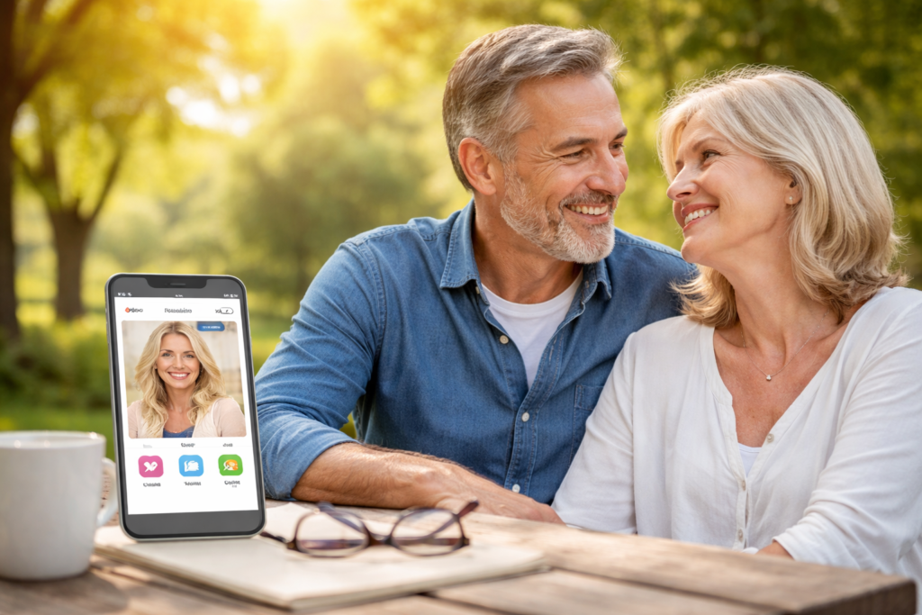 dating sites for seniors over 60 couple smiling while using online dating app