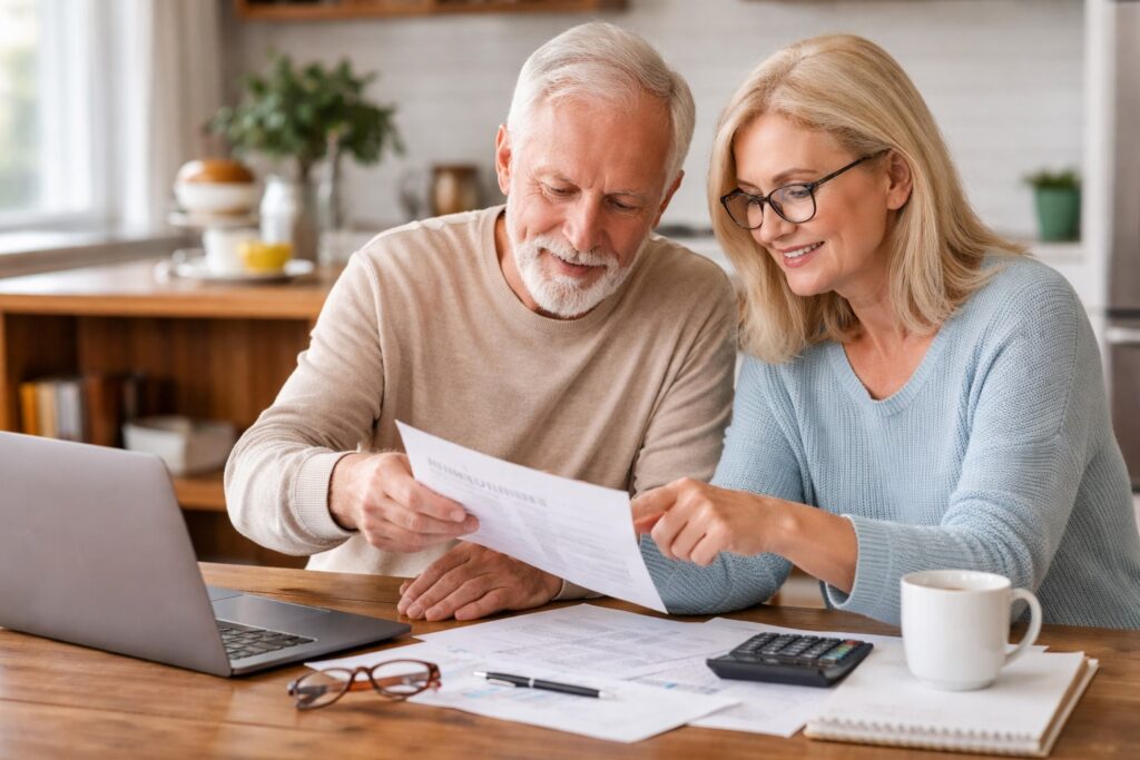Over- or Under-Insurance Score 1 Senior couple reviewing insurance coverage together at home using paperwork and a laptop
