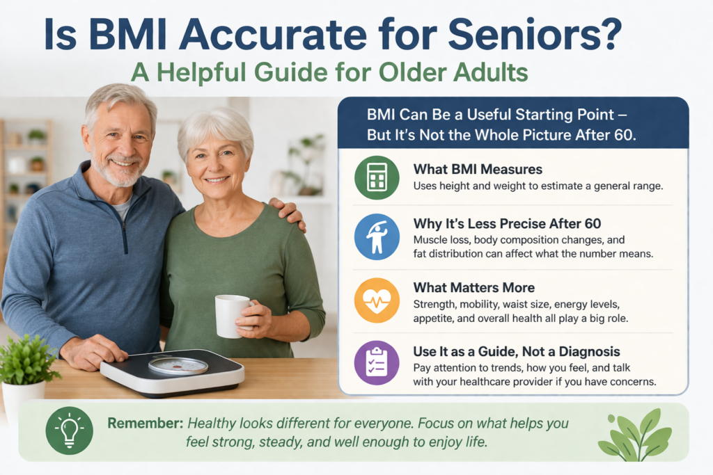 Senior couple reviewing a BMI chart with a guide about whether BMI is accurate for older adults.