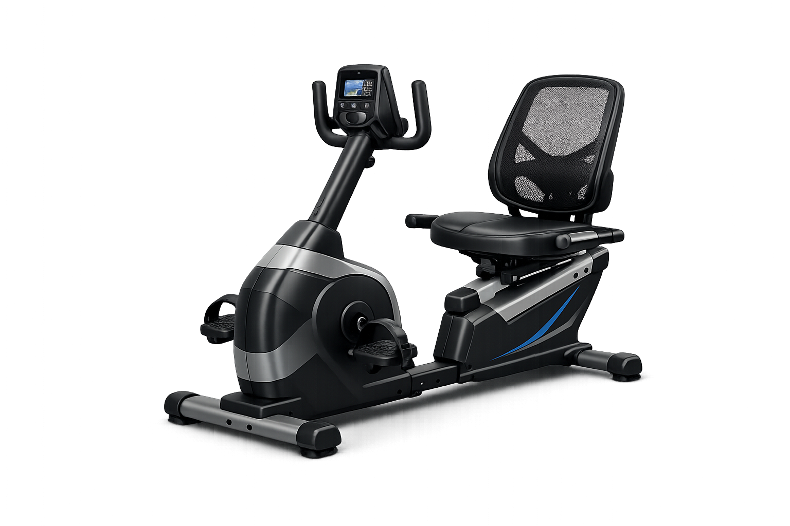 Recumbent exercise bike for home fitness with supportive seat and large display